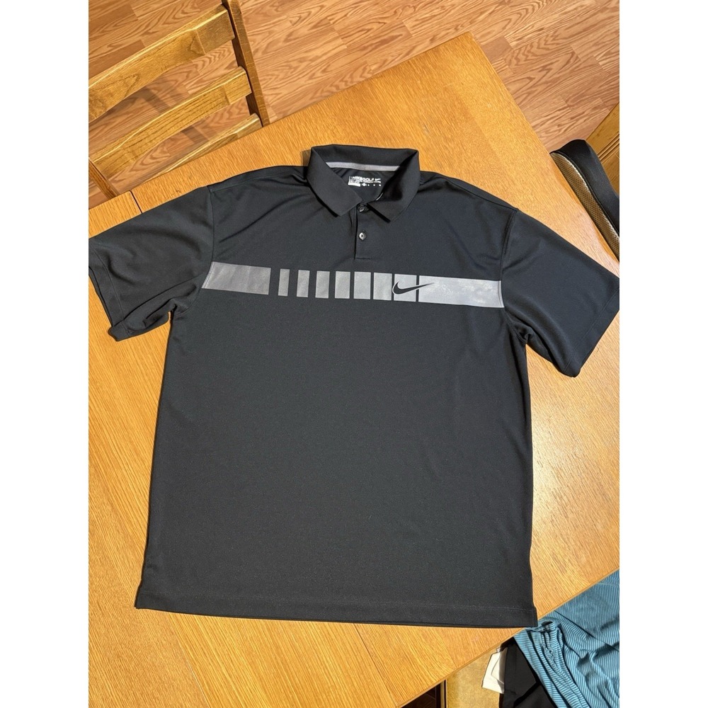 Nike Golf Dri Fit Polo Shirt XL Black Gray Graphic Stripe Swoosh Athletic - Picture 2 of 8